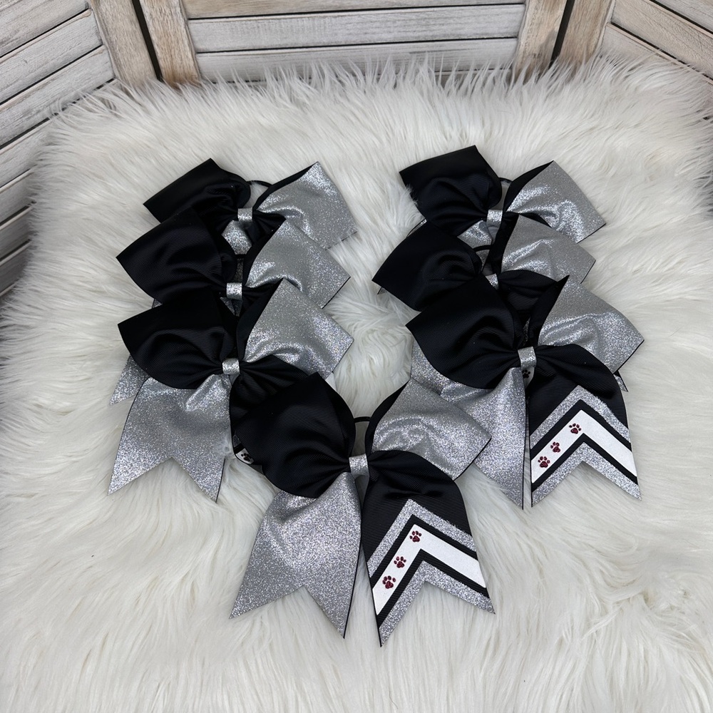 Bundle Set Lot of 7 Black Silver White Maroon Paw Print Glitter Cheer Hairbows